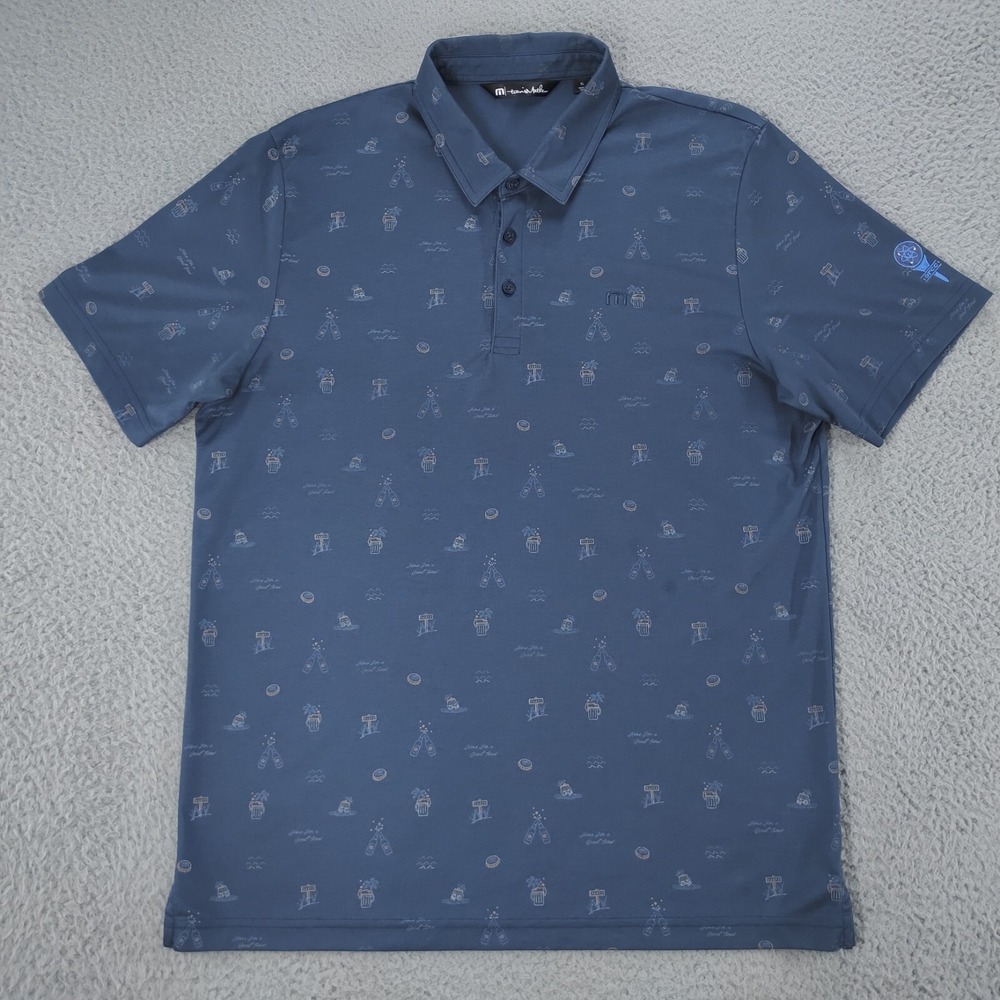 Travis Mathew Polo Shirt Mens XL Blue All over Party Print Beer Golf Performance